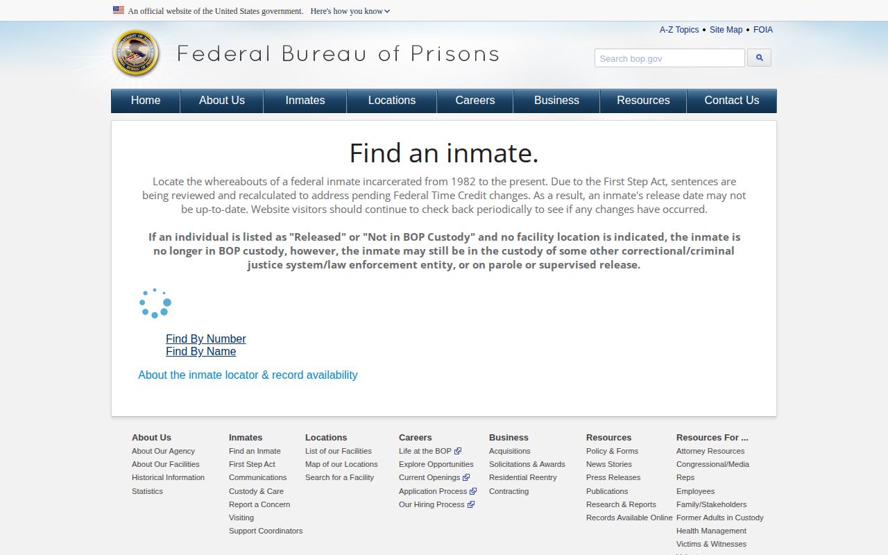 Federal Bureau of Prisons inmate locator search for federal custody and released status
