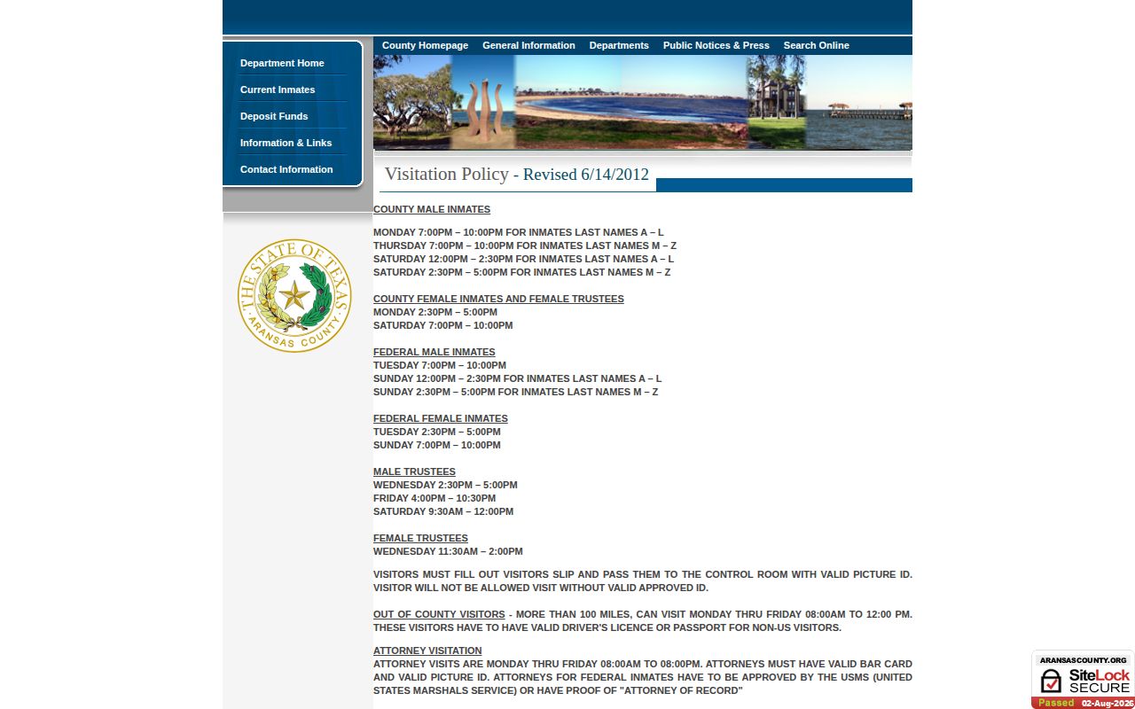 Aransas County visitation policy identifying county and federal detainee categories