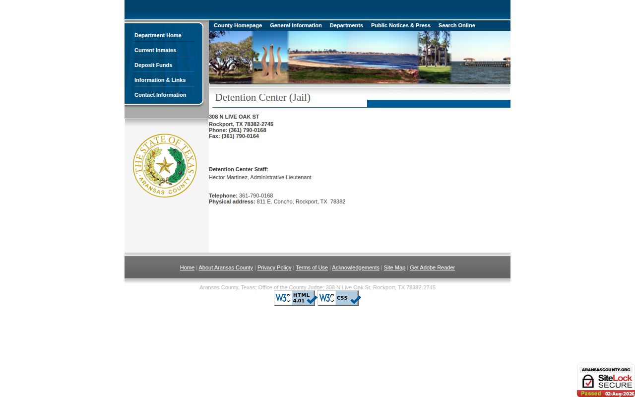 Official Aransas County Detention Center page showing jail contact and address information