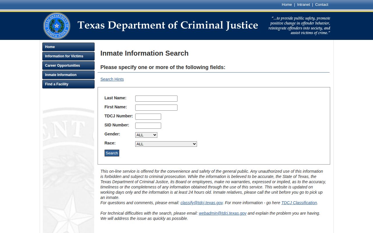 TDCJ current-inmate search with a Projected Release Date field