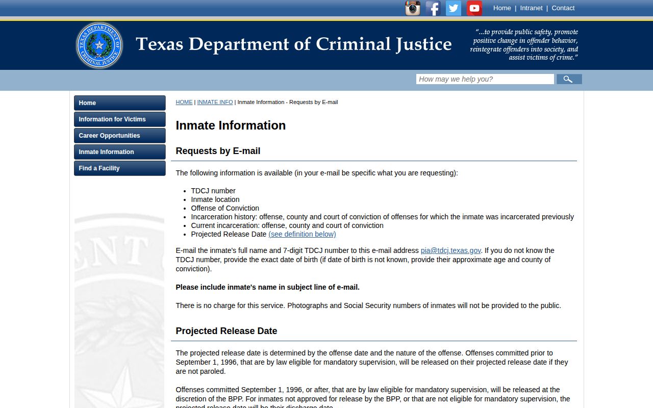 TDCJ email information page for incarceration history and projected release information